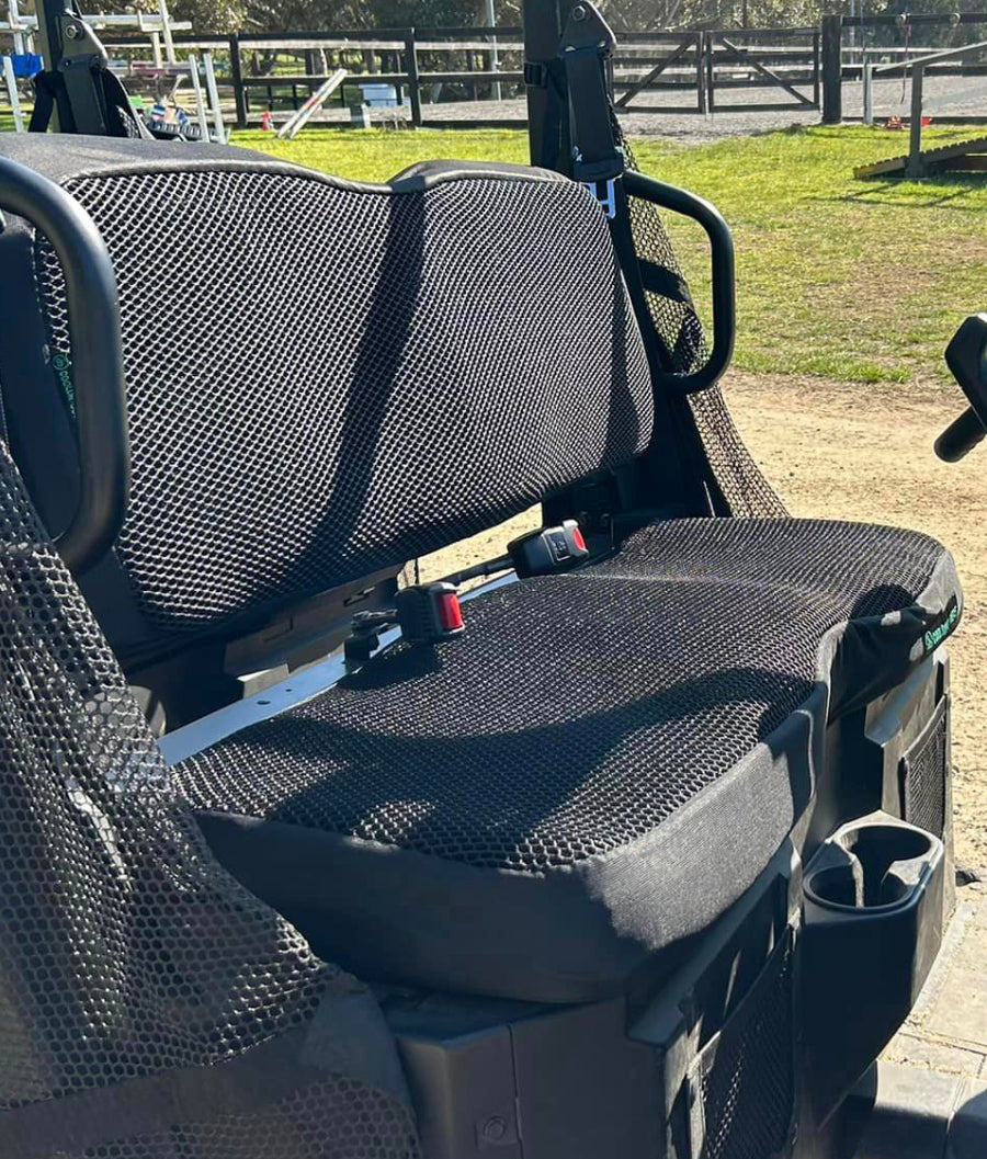Cool Dry Covers utility seat covers feature a unique 3-dimensional mesh which keeps you raised off the seat for added comfort, staying much cooler in the heat and allowing beneficial air circulation. Water flows through without absorbing so you stay drier on the wet days. Sized specifically for your utility seat and backrest.  Shown here installed on a Polaris Ranger.