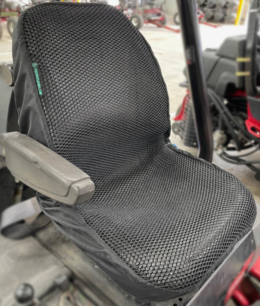 Cool Dry Covers mower seat covers feature a unique 3-dimensional mesh which keeps you raised off the seat for added comfort, staying much cooler in the heat and allowing beneficial air circulation. Water flows through without absorbing so you stay drier on the wet days. Sized specifically for your mower seat.  Shown here installed on a Toro 7000.