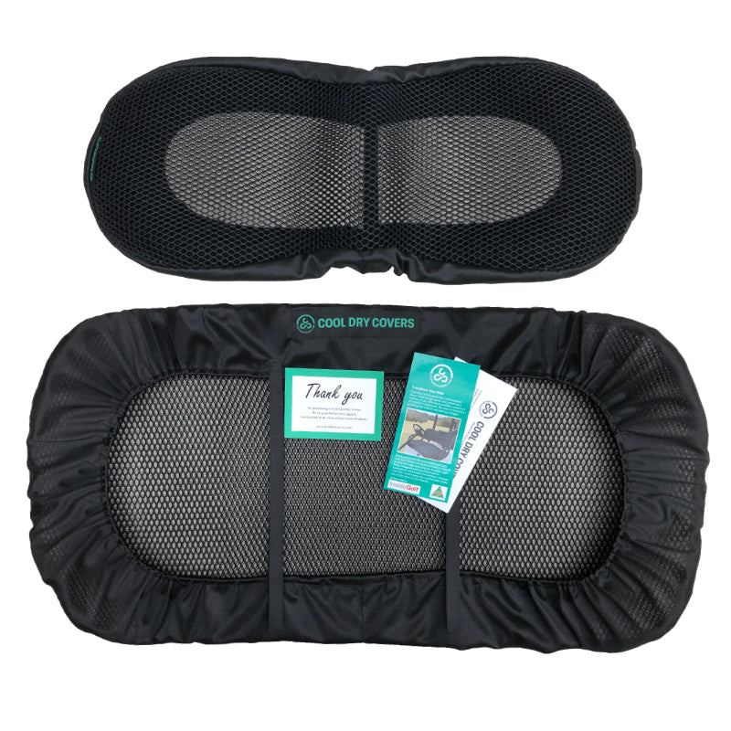 Cool Dry Covers seat covers set for Evolution golf cart with the wider backrest. Keeps you cool in the heat and dry in the rain. Increased comfort in all weather conditions. What to expect when you unpack your order.