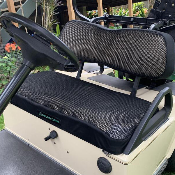 Cool Dry Covers seat covers set installed on a Club Car DS Single Back golf cart