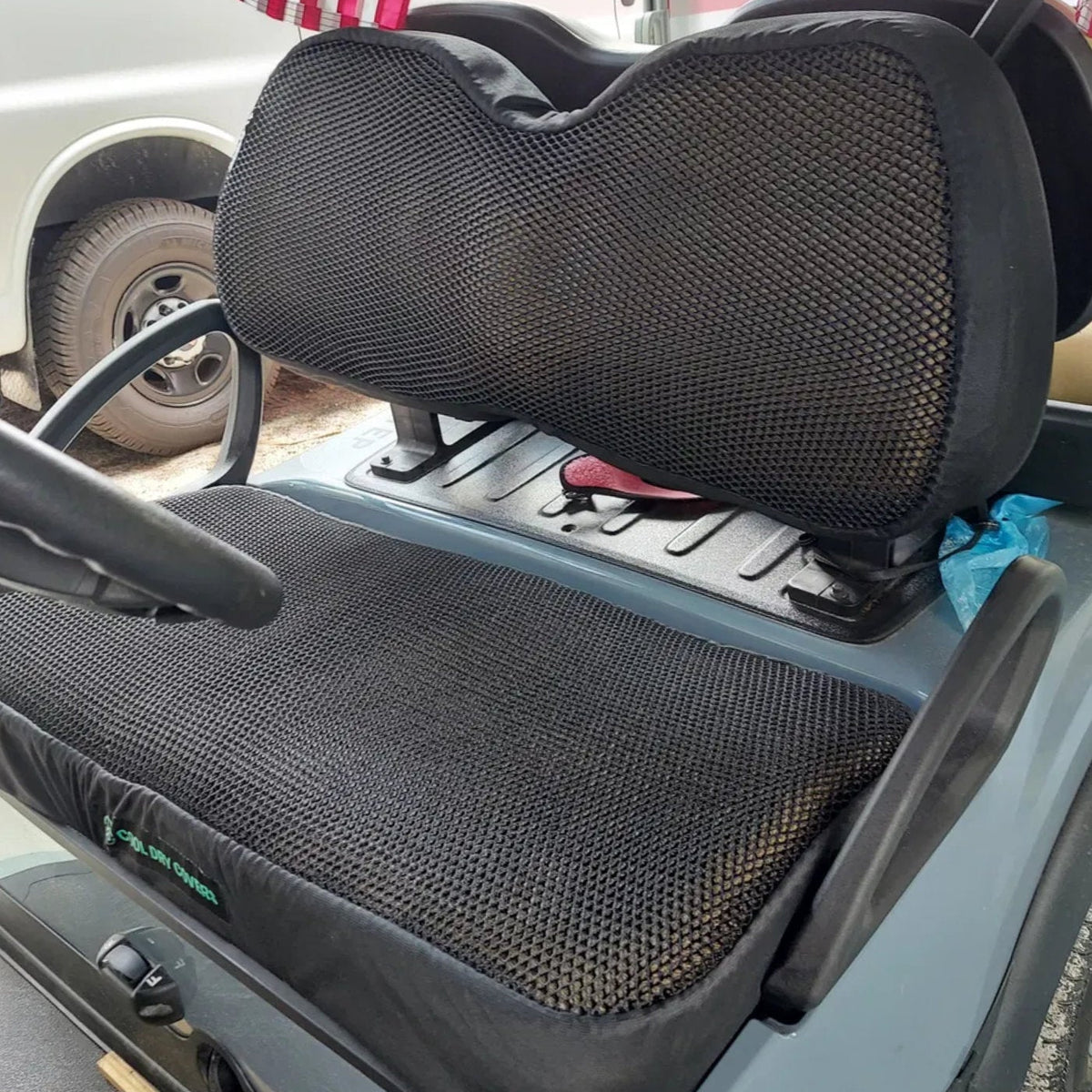 Cool Dry Covers 3-dimensional mesh seat covers installed on a Club Car Precedent golf cart.