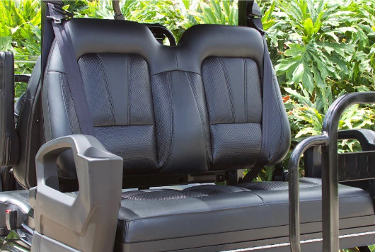 Rear facing seat and backrest on Evolution D5 Ranger/Maverick/Paladin shown without Cool Dry Covers installed to assist in identification.