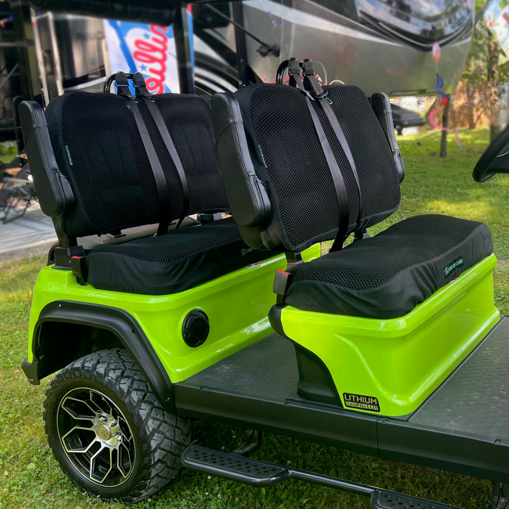 Cool Dry Covers seat cover set installed on an Evolution D5 Ranger golf cart front and back seats.  Keeping you raised off the original vinyl stays much cooler in the heat and allows water to pass through.  Added comfort in all conditions.