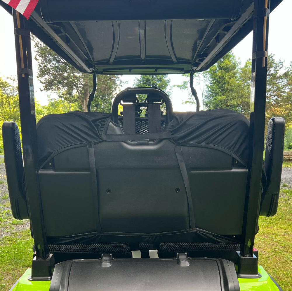 Cool Dry Covers seat cover set installed on an Evolution D5 Ranger golf cart front and back seats.  Keeping you raised off the original vinyl stays much cooler in the heat and allows water to pass through.  Added comfort in all conditions.