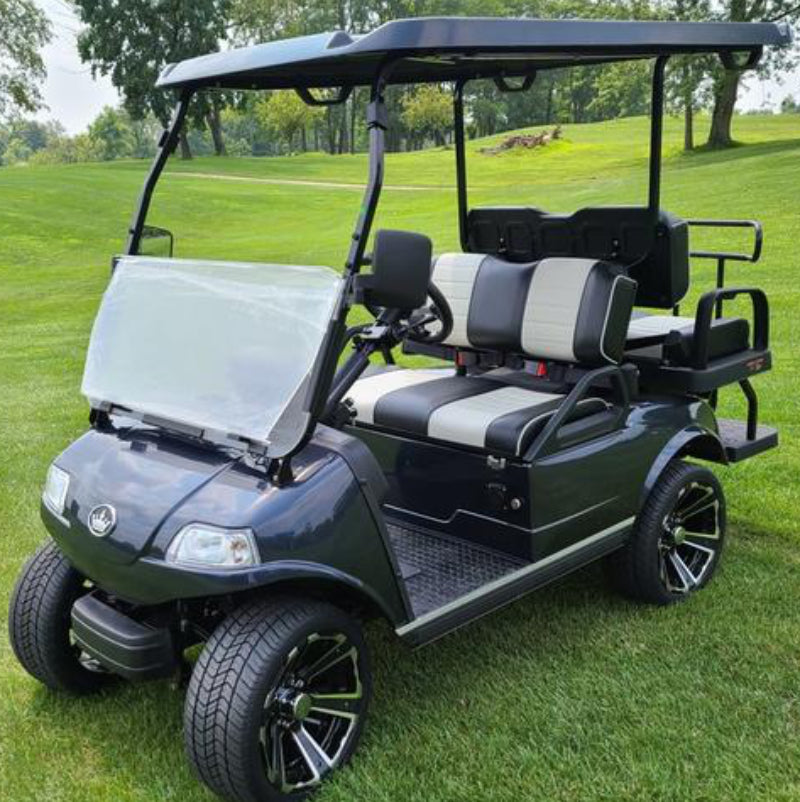 Cool Dry Covers seat covers set for Evolution golf cart with the wider backrest. Keeps you cool in the heat and dry in the rain. Increased comfort in all weather conditions. Shown without covers installed to assist you in correctly identifying your model.