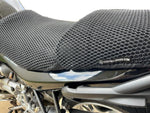 Cool Dry Covers motorbike seat covers feature a unique 3-dimensional mesh which keeps you raised off the seat for added comfort, staying much cooler in the heat and allowing beneficial air circulation. Water flows through without absorbing so you stay drier on the wet days. Sized specifically for your motorbike seat.  Shown here installed on a BMW R1150R.