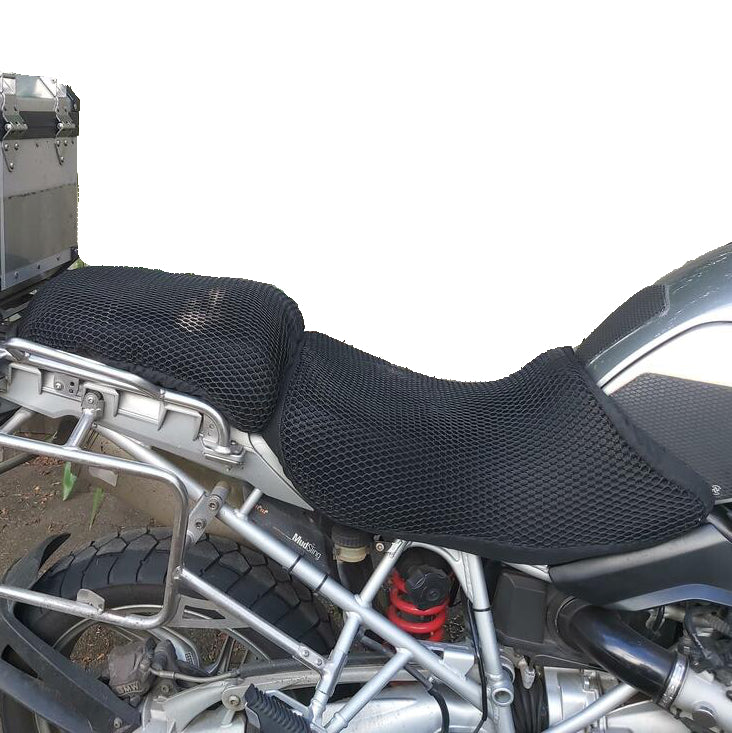 Cool Dry Covers seat covers to fit your BMW R1200GS (pictured).  Keeps you raised off the original seat, much cooler in the heat and allows air circulation.  Water goes through without being absorbed so you stay drier in the wet.  These are sized to fit your specific seat perfectly.  Transform your ride with Cool Dry Covers.