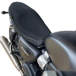 Cool Dry Covers seat covers to fit your Triumph Street Twin (pictured).  Keeps you raised off the original seat, much cooler in the heat and allows air circulation.  Water goes through without being absorbed so you stay drier in the wet.  These are sized to fit your specific seat perfectly.  Transform your ride with Cool Dry Covers.