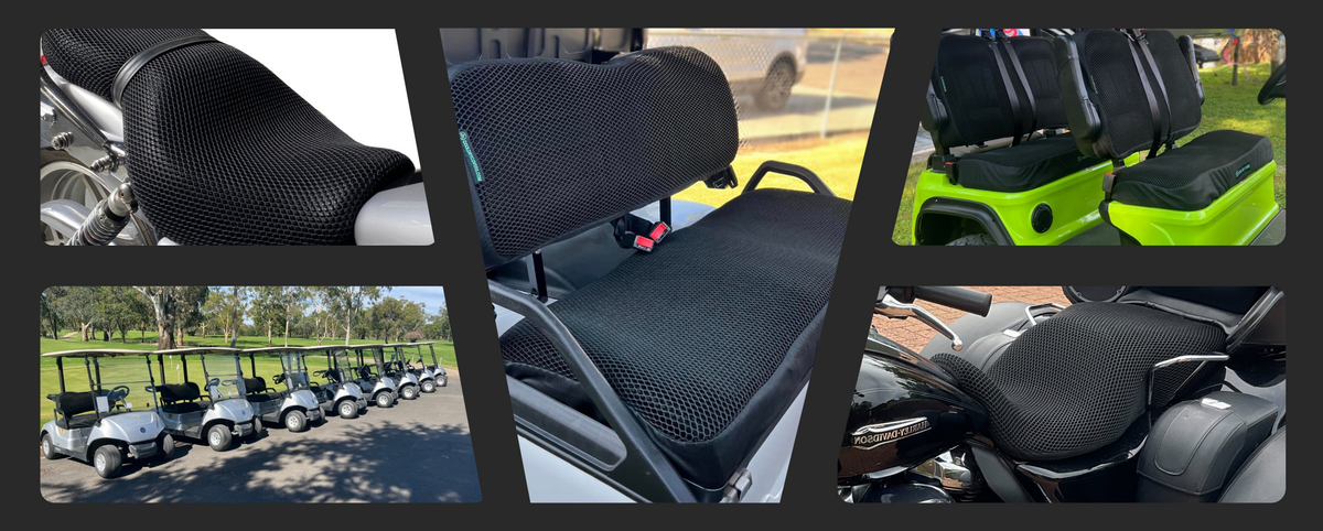 Cool Dry Covers 3-dimensional mesh seat covers shown installed on a variety of golf carts and motorbikes.