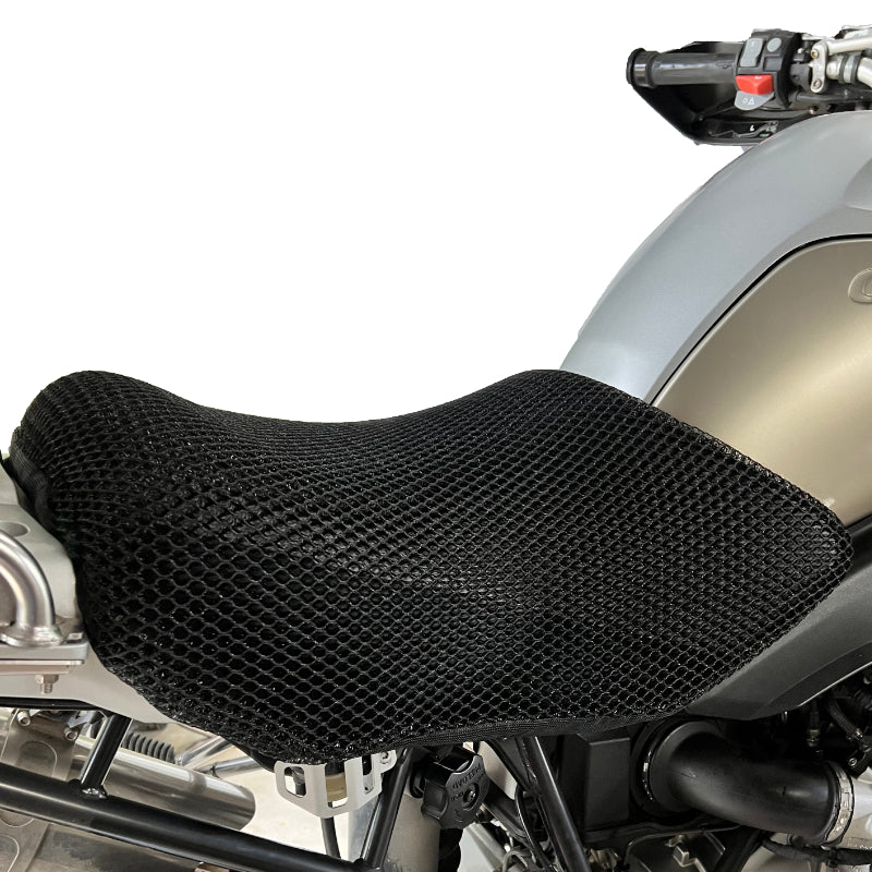 Cool Dry Covers seat covers to fit your BMW R1200GS (pictured).  Keeps you raised off the original seat, much cooler in the heat and allows air circulation.  Water goes through without being absorbed so you stay drier in the wet.  These are sized to fit your specific seat perfectly.  Transform your ride with Cool Dry Covers.