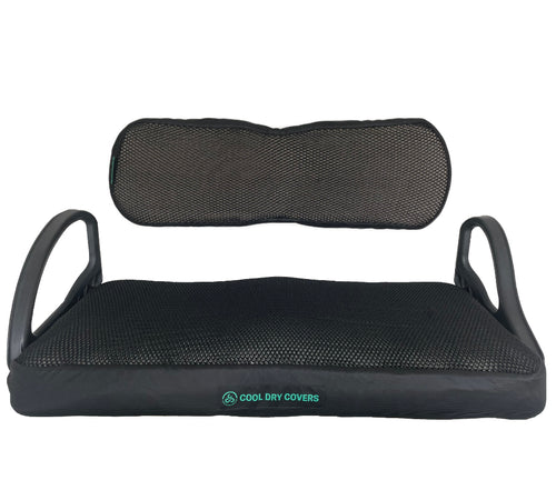 Cool Dry Covers seat covers set for the Club Car DS golf cart with a single piece backrest (2000-2006). Keeps you cool in the heat and dry in the rain. Increased comfort in all weather conditions. Shown installed on seat and backrest.