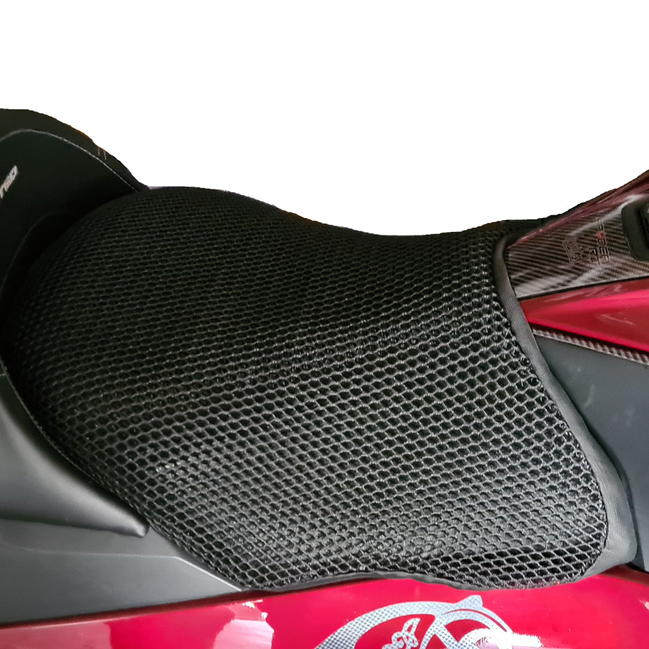 Cool Dry Covers seat covers to fit your Can Am Spyder RT Ltd (pictured).  Keeps you raised off the original seat, much cooler in the heat and allows air circulation.  Water goes through without being absorbed so you stay drier in the wet.  These are sized to fit your specific seat perfectly.  Transform your ride with Cool Dry Covers.