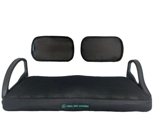 Cool Dry Covers seat covers set for the older Club Car DS golf cart with a split backrest (pre-2000). Keeps you cool in the heat and dry in the rain. Increased comfort in all weather conditions. Shown installed on seat and backrests.