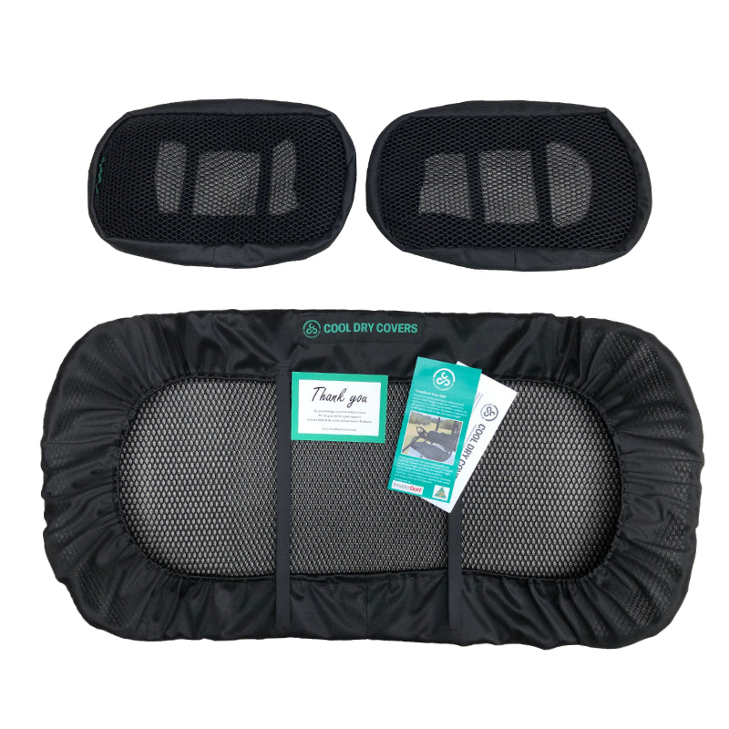 Cool Dry Covers seat covers set for the older Club Car DS golf cart with a split backrest (pre-2000). Keeps you cool in the heat and dry in the rain. Increased comfort in all weather conditions. What to expect when you unpack your order.