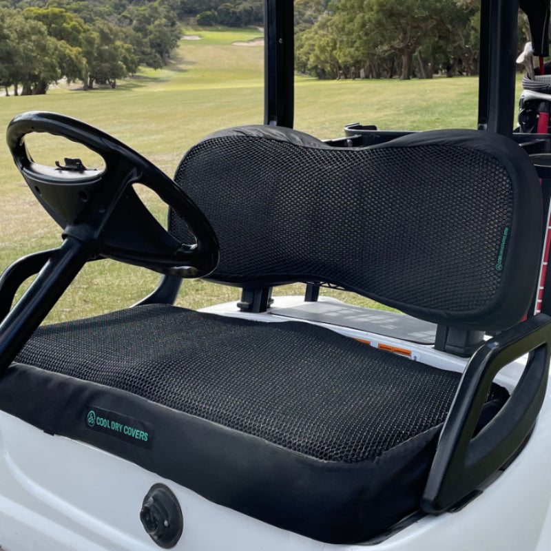 Cool Dry Covers Seat Cover Set for Yamaha G29, YDRE, Drive, Drive2 golf carts. Shown installed on cart.