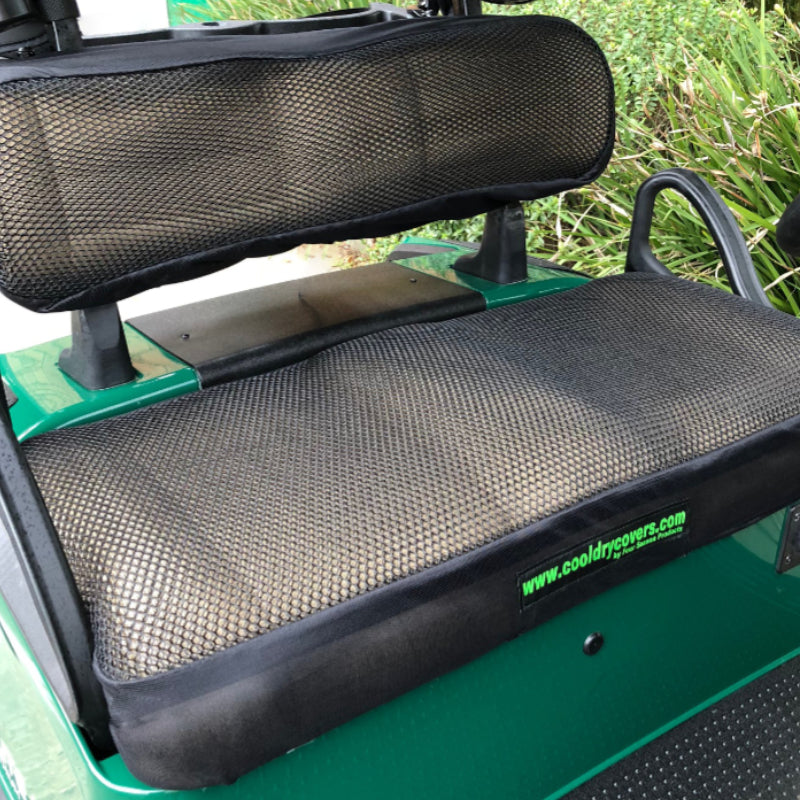 Cool Dry Covers Seat Cover Set for EZGo TXT and RXV golf cart. Shown installed on cart.